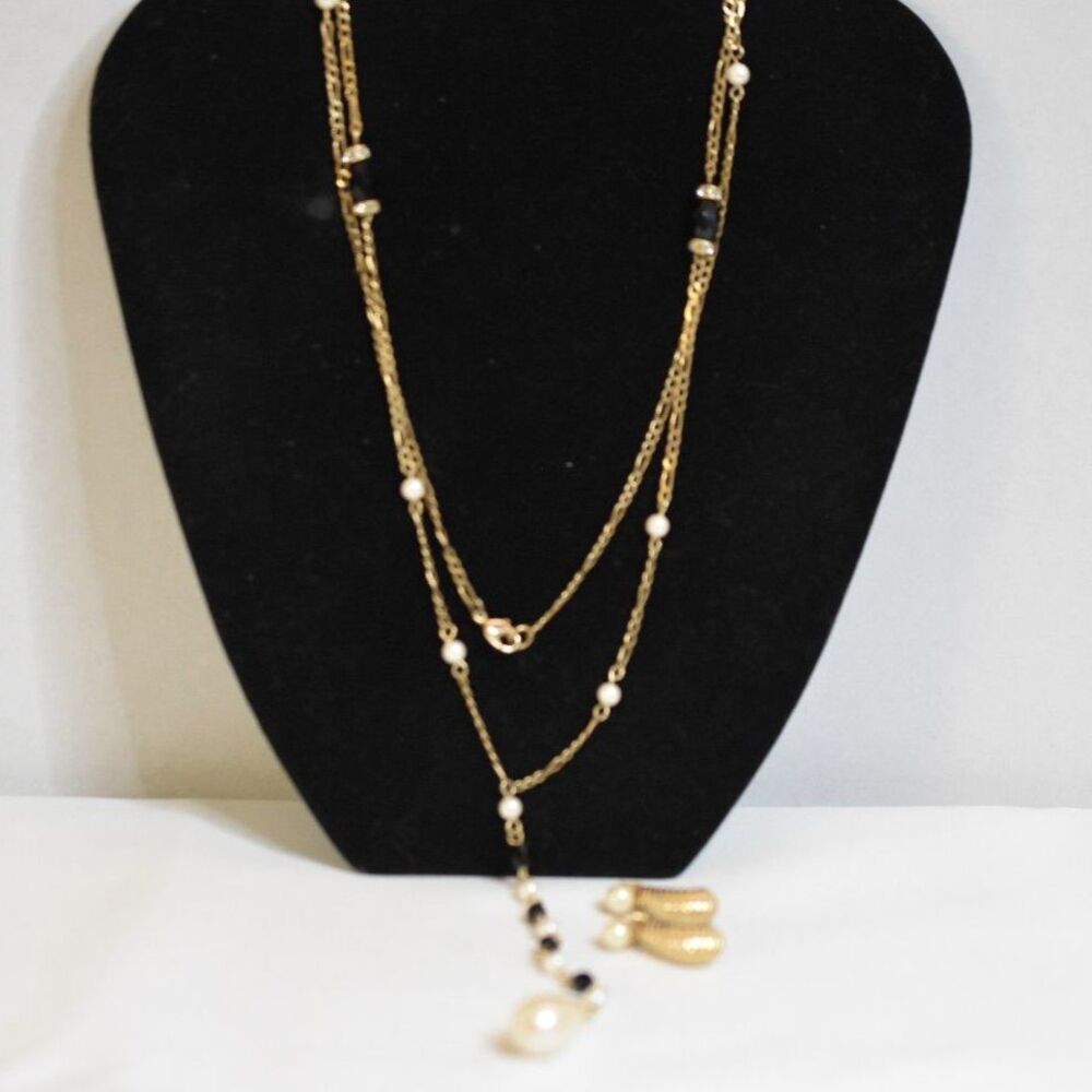 Vtg 70's Set Faux Pearl/Black Bead/Rhinestone Accent Gold Tone Earrings/Necklace